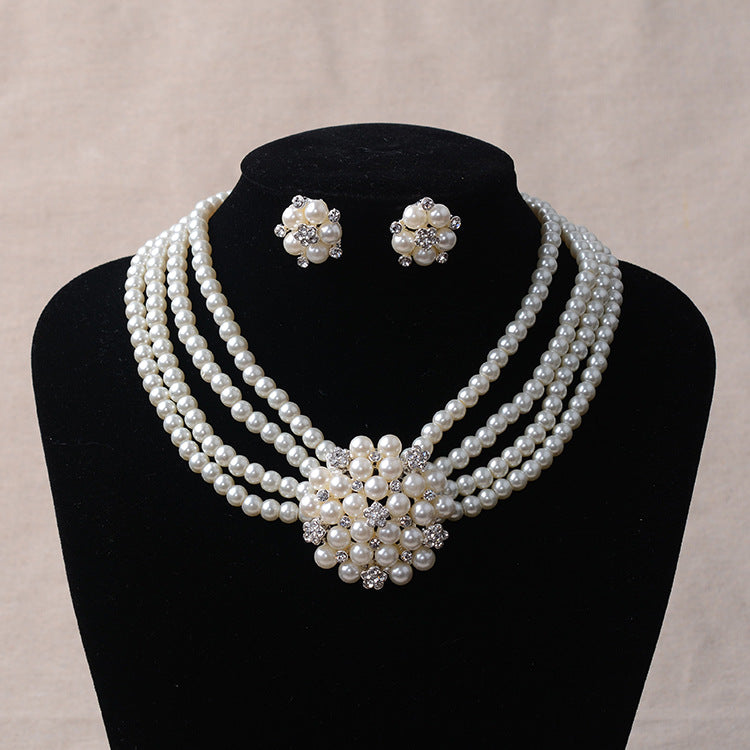 Set bijoux mariage TL060 – Chaîne de mariée luxueuse perles & fleurs + boucles d’oreilles