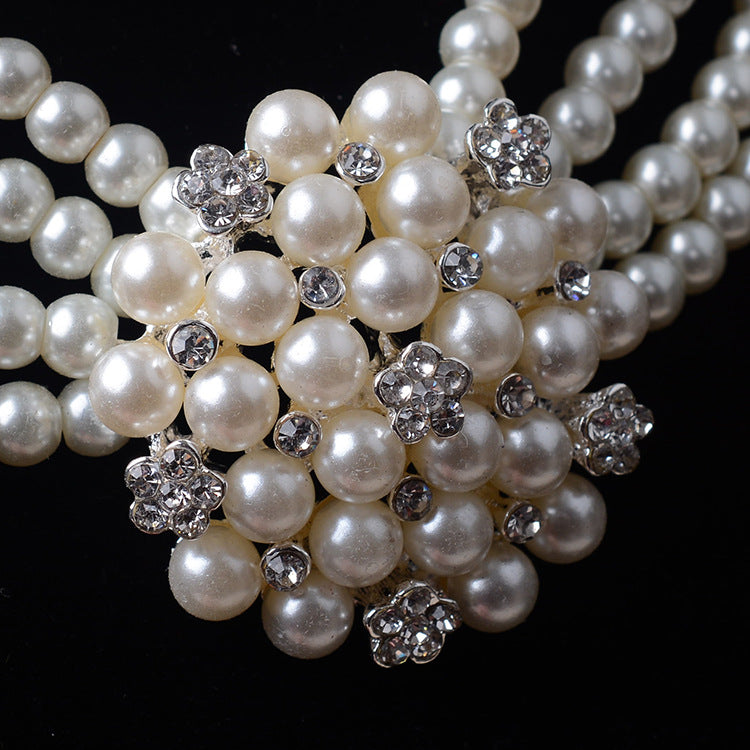 Set bijoux mariage TL060 – Chaîne de mariée luxueuse perles & fleurs + boucles d’oreilles