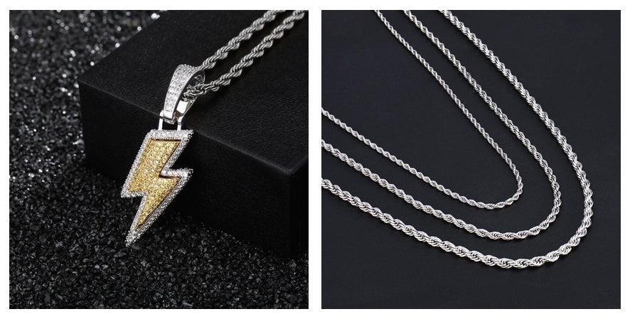 Pingente raio Hip Hop zircônias VVS – colar iced out lightning joia streetwear