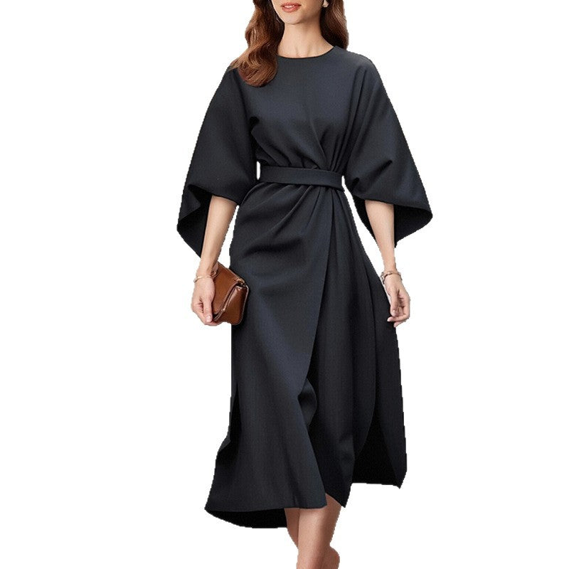 Robe unie lacets col rond, mode casual commuting femme