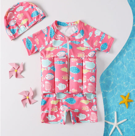 Maillot de bain flottant enfant une pièce avec chapeau – bleu ou rose