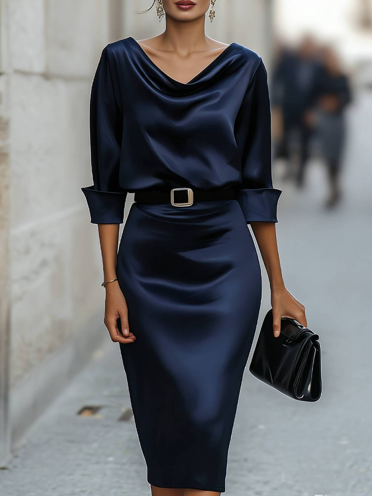 Robe chemise col revers swing, manches longues fluide femme