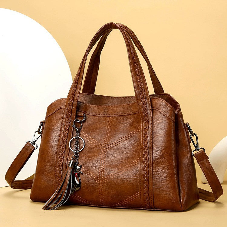 Sac bandoulière vintage PU carré horizontal – noir/marron/rouge/violet pompons