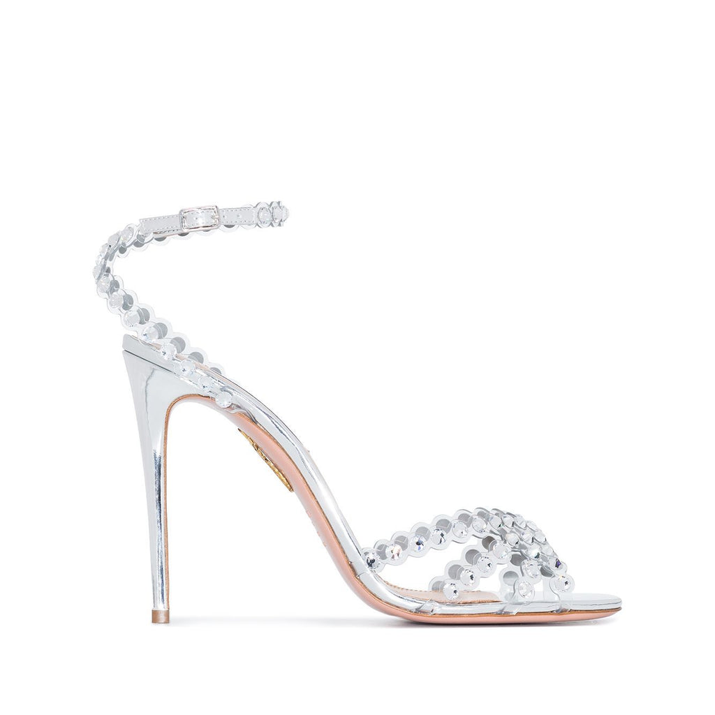 Sandales cheville bride sexy talon haut argent bout rond – microfibre