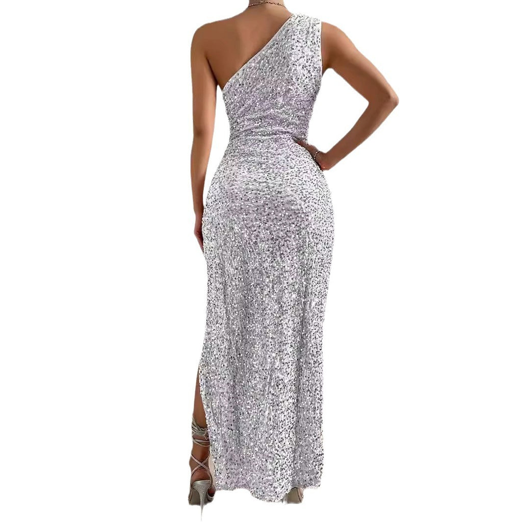 Robe longue asymétrique pailletée épaule fendue – Glamour club