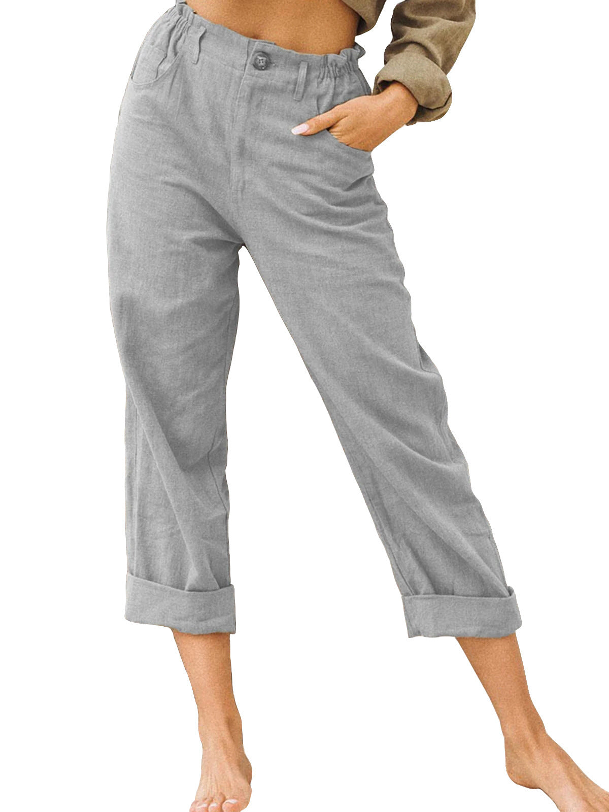 Pantalon femme en coton lin à taille haute – ample, confortable et décontracté
