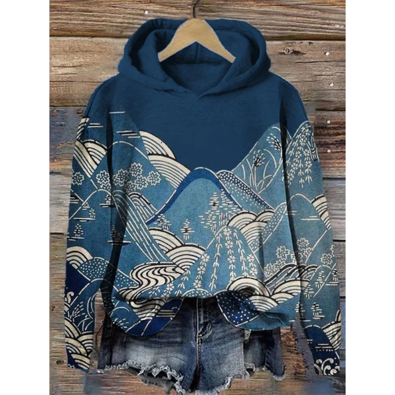 Women's printed hoodie pullover sweatshirt, long sleeves, trendy.