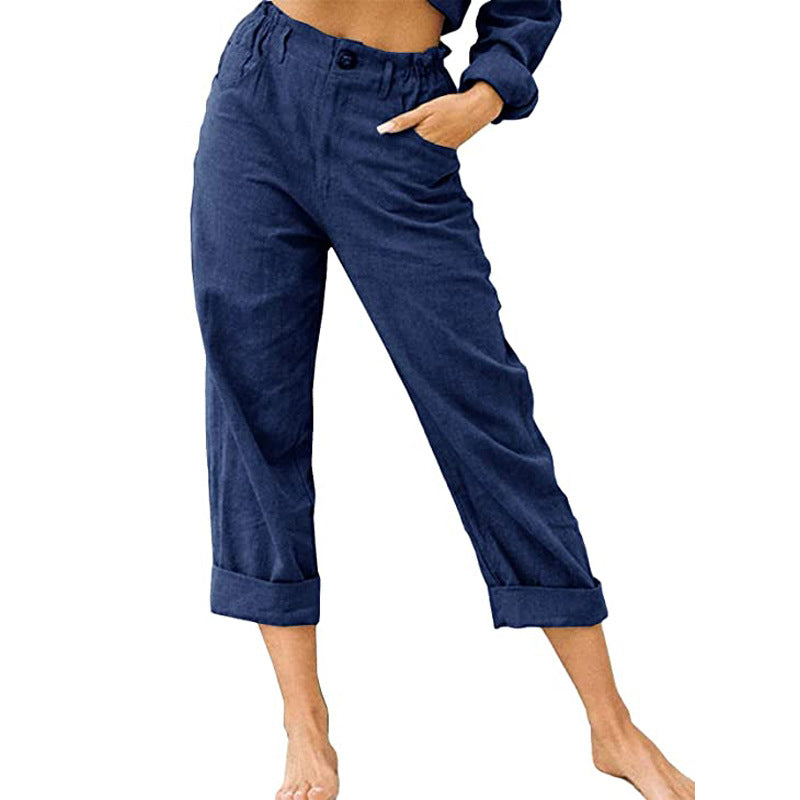 Pantalon femme en coton lin à taille haute – ample, confortable et décontracté