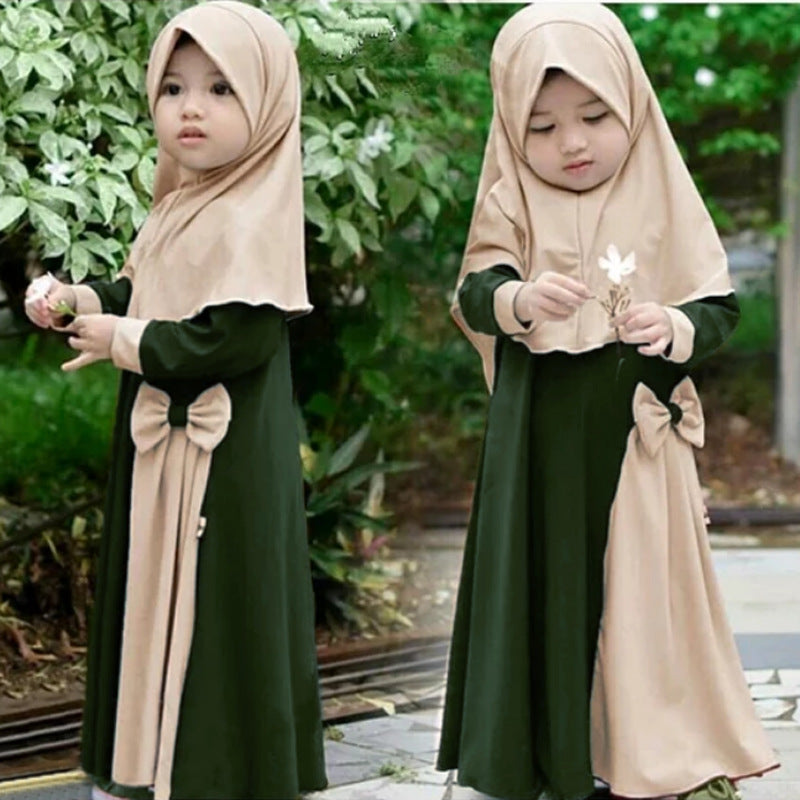 Robe abaya fille manches longues avec bandeau – coton uni vert ou rouge