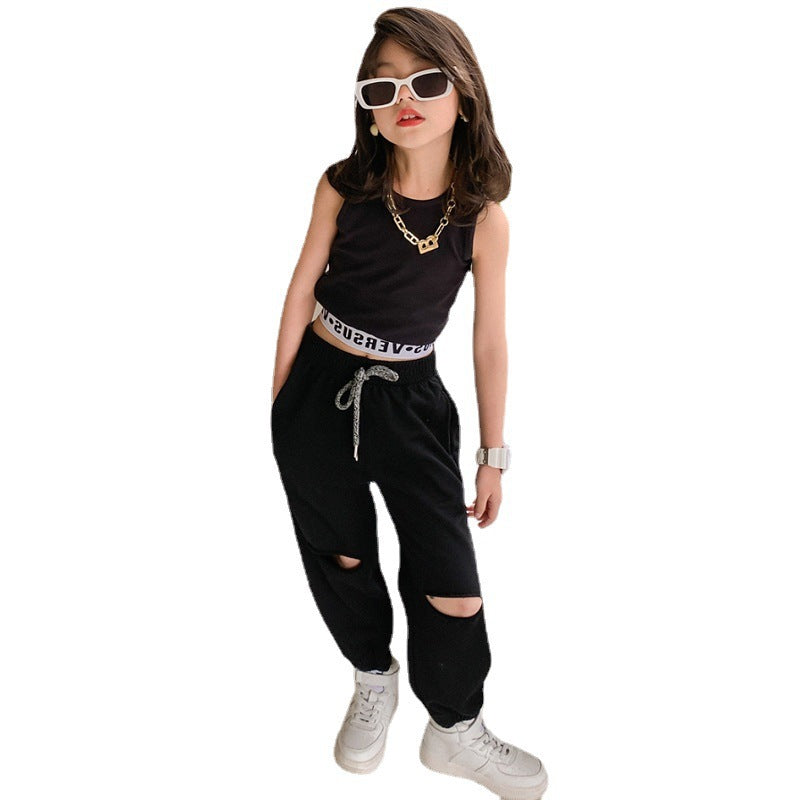 Ensemble été fille style coréen noir ou blanc – haut sans manches et pantalon en coton