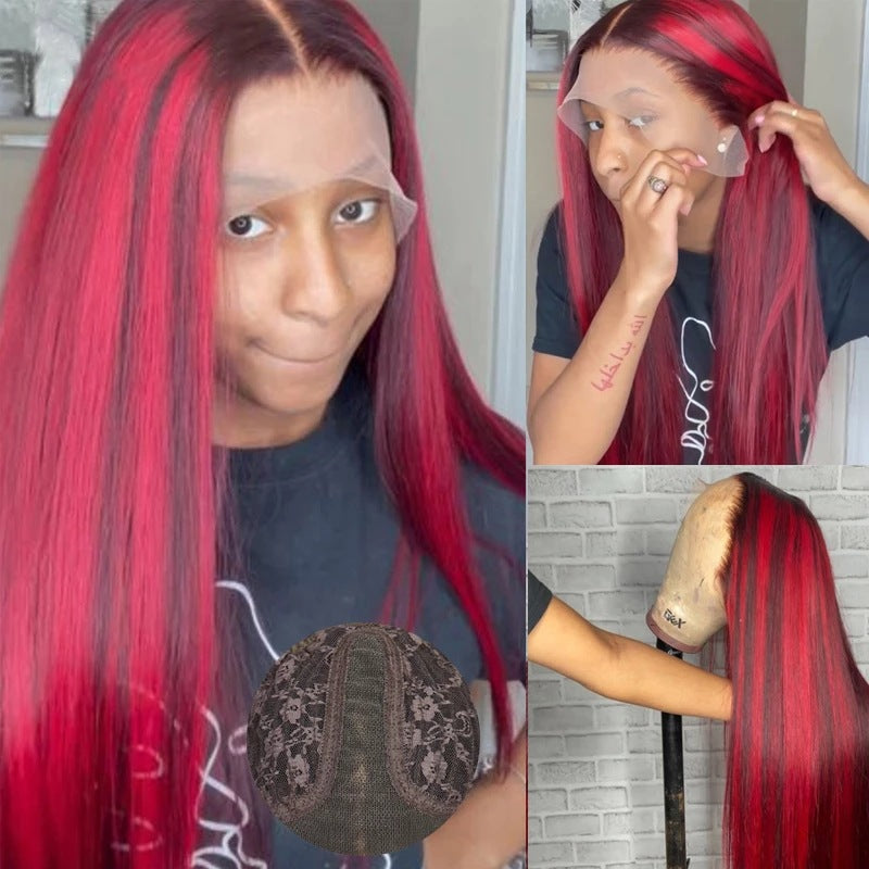 Perruque 100% cheveux naturels lace front 13x4, longueur 30cm rouge vibrant.