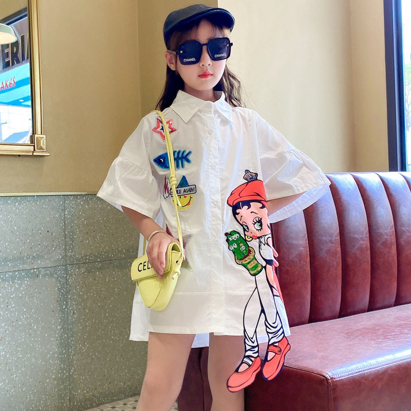 Chemise col pointu paillettes cartoon fille blanche – style coréen