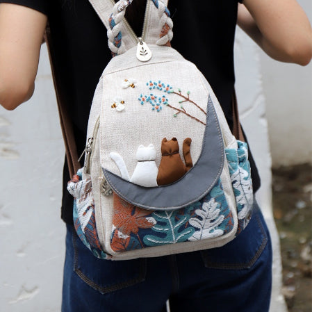 Sac cabas chat 3D parent-enfant toile – style chinois artistique écru