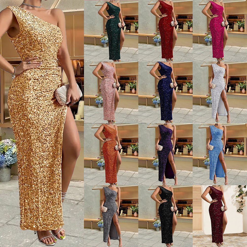 Robe longue asymétrique pailletée épaule fendue – Glamour club
