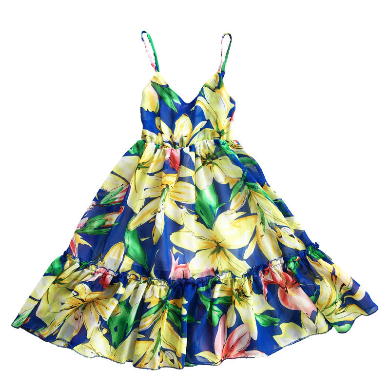 Robe de plage chiffon bretelles fleurs bleues pour mere et fille