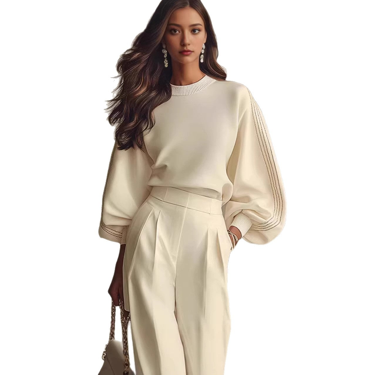 SET SWEAT COL ROND MANCHES LONGUES + PANTALON BLANC – CONFORT CASUAL ULTIME