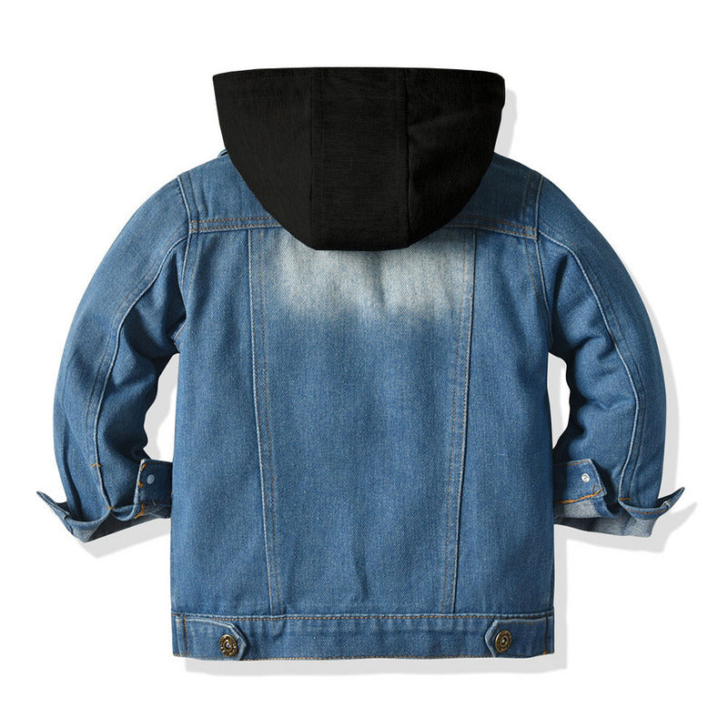Veste denim enfant faux deux pièces capuche loose – gris/noir unisexe