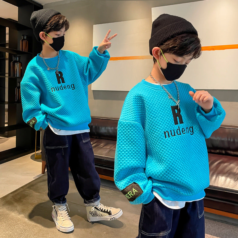 Sweat-shirt waffle streetwear coréen garçon – noir/bleu