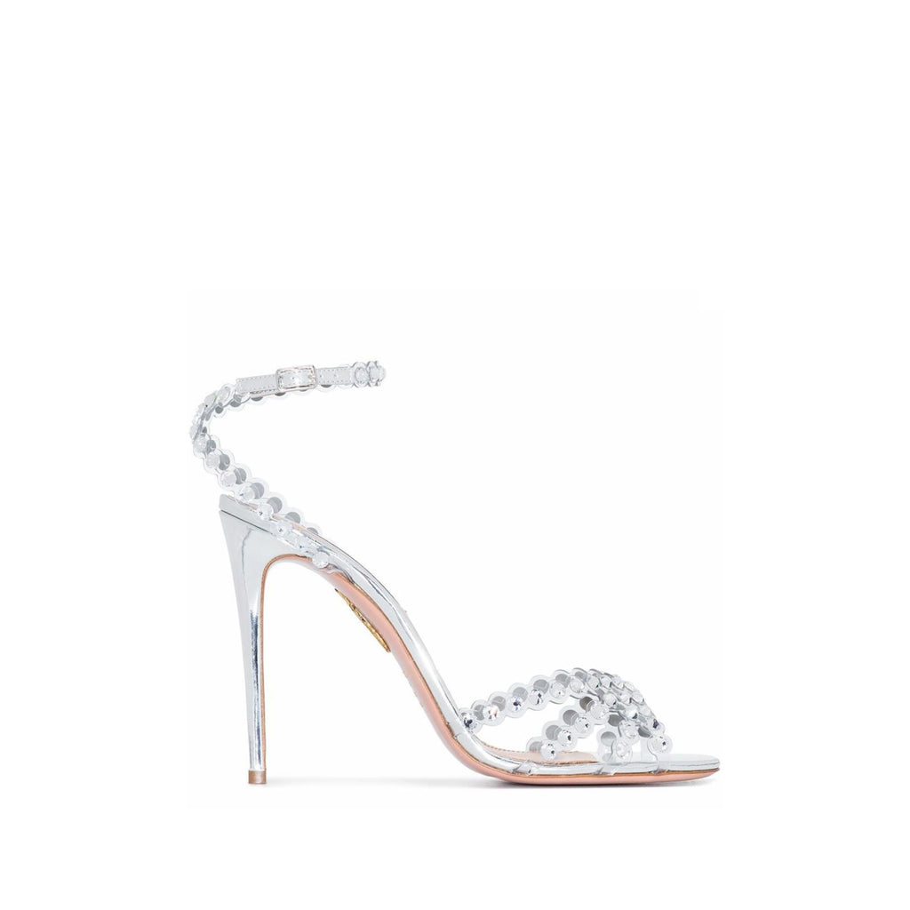 Sandales cheville bride sexy talon haut argent bout rond – microfibre