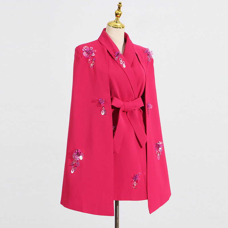 Blazer cape ample sans manches patchwork pailleté – rose rouge/noir femme