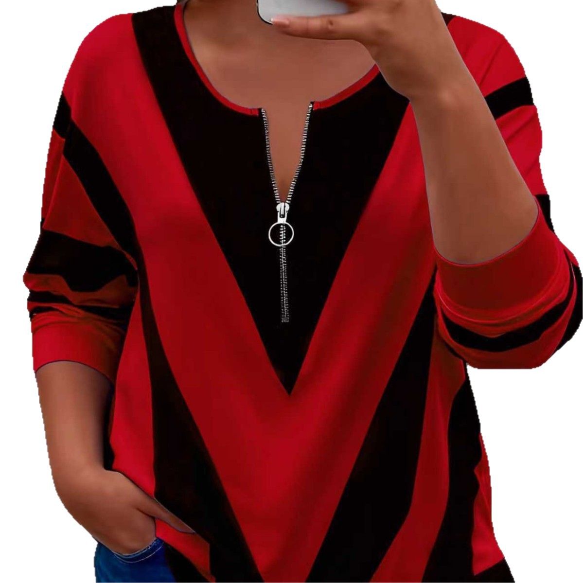 Camiseta color block com zíper, corte solto - casual e moderna.