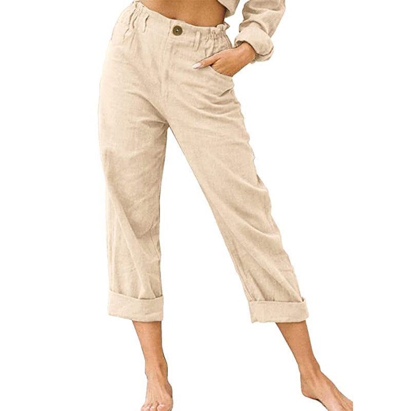 Pantalon femme en coton lin à taille haute – ample, confortable et décontracté