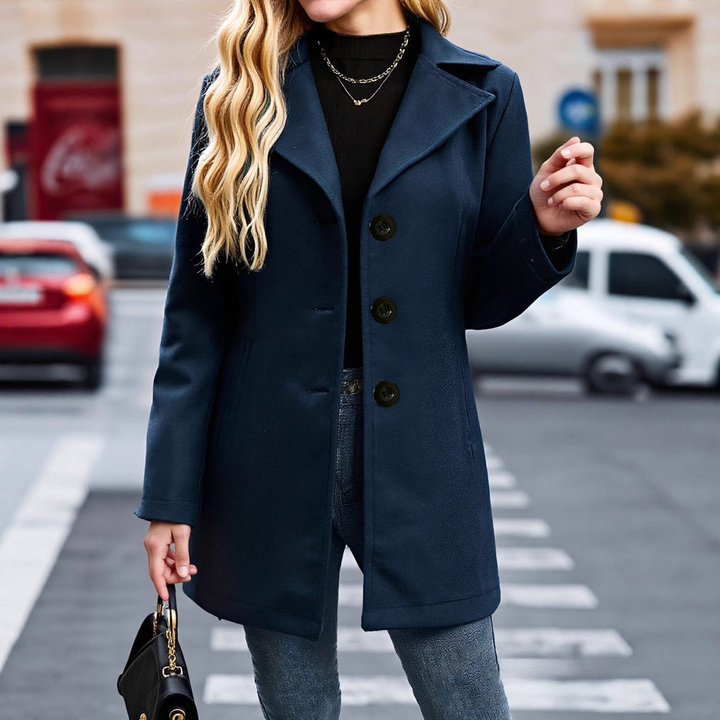 VESTE LAINE COL REVERS FEMME – STYLE VINTAGE PARISIEN BLEU MARINE