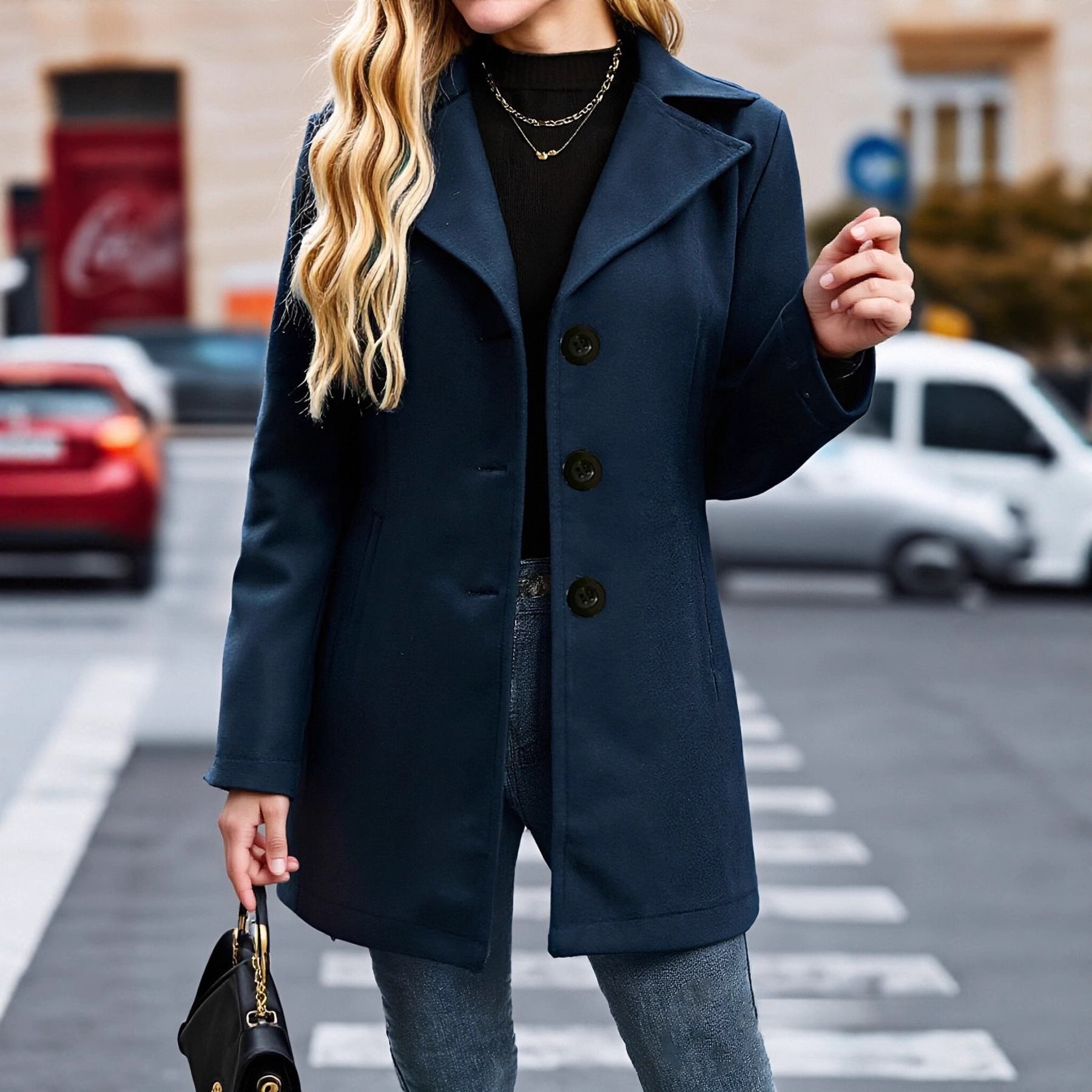 VESTE LAINE COL REVERS FEMME – STYLE VINTAGE PARISIEN BLEU MARINE
