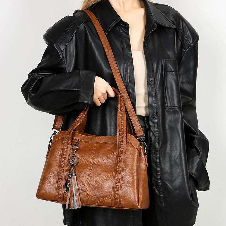 Sac bandoulière vintage PU carré horizontal – noir/marron/rouge/violet pompons