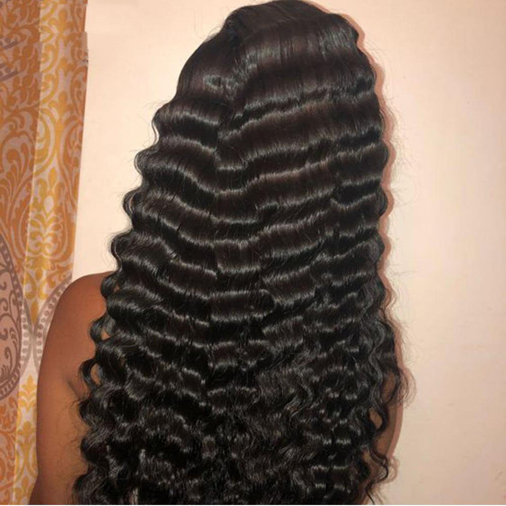 Perruque deep wave lace frontale 13x4 cheveux humains – noir 14-20 pouces