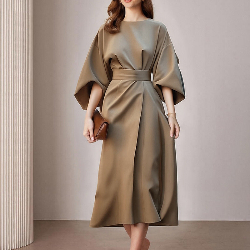Robe unie lacets col rond, mode casual commuting femme