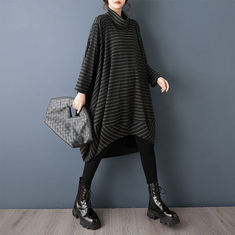 Vestido feminino casual gola alta assimétrica – versátil e estiloso.