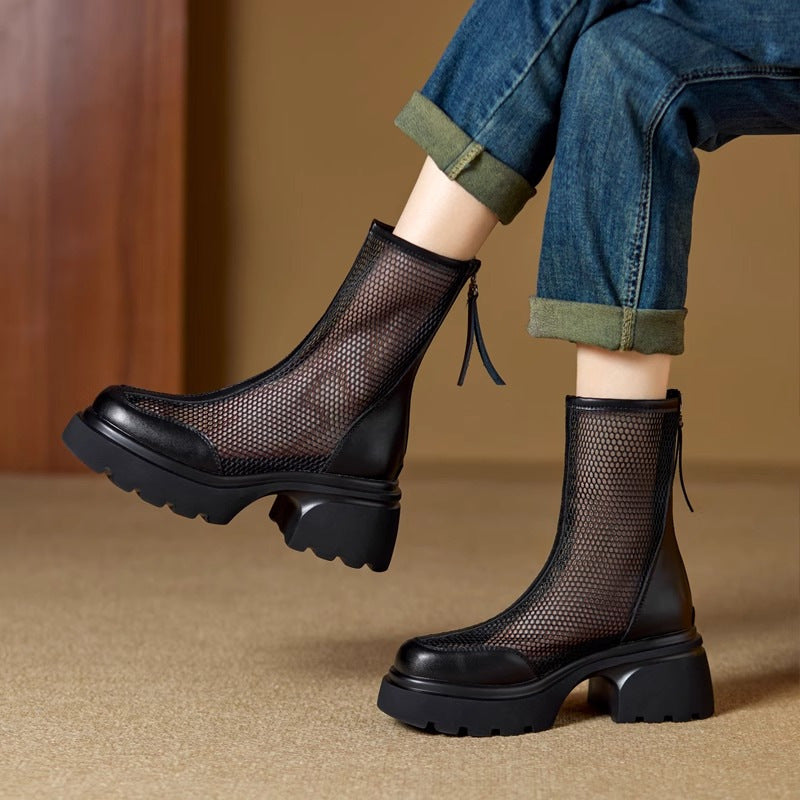 Bottes plateforme maille respirante femme – daim beige talon épais été
