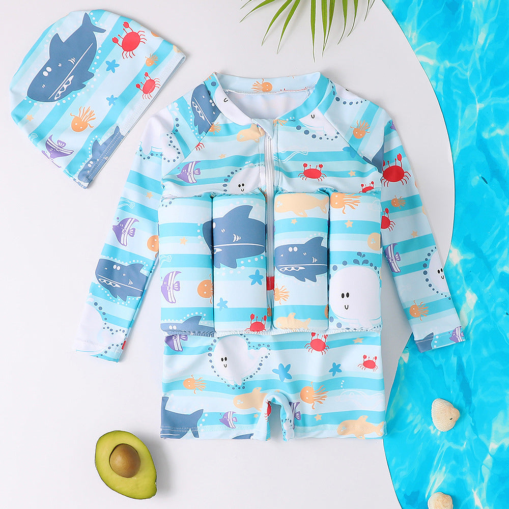 Maillot de bain flottant enfant une pièce avec chapeau – bleu ou rose