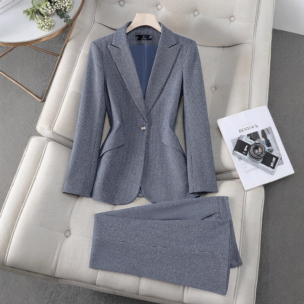 Costume blazer strass femme gris/rouge/café – pantalon court chic affaires