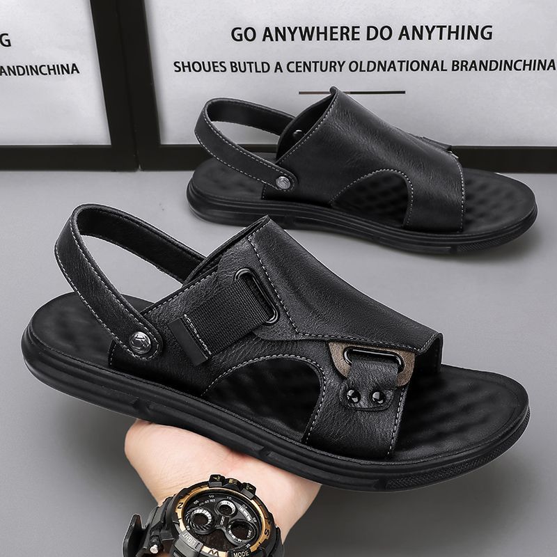 Sandales plage homme cuir vachette antidérapantes – semelle épaisse gris/noir