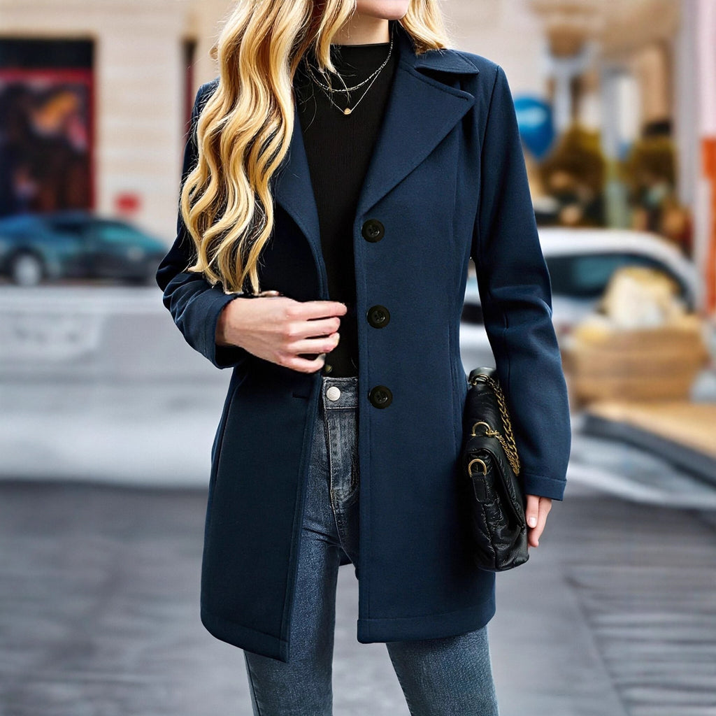 VESTE LAINE COL REVERS FEMME – STYLE VINTAGE PARISIEN BLEU MARINE