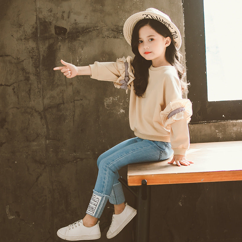 Costume enfant en jean avec manches en dentelle – ensemble pantalon, style chic