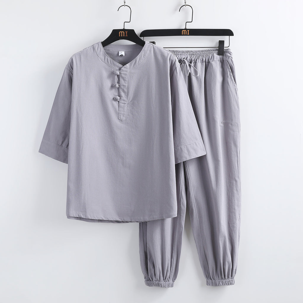 Costume hanfu lin manches courtes boucles bouddhistes – style chinois été homme