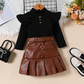 Ensemble 3 pièces fille col haut manches longues + jupe plissée similicuir + ceinture