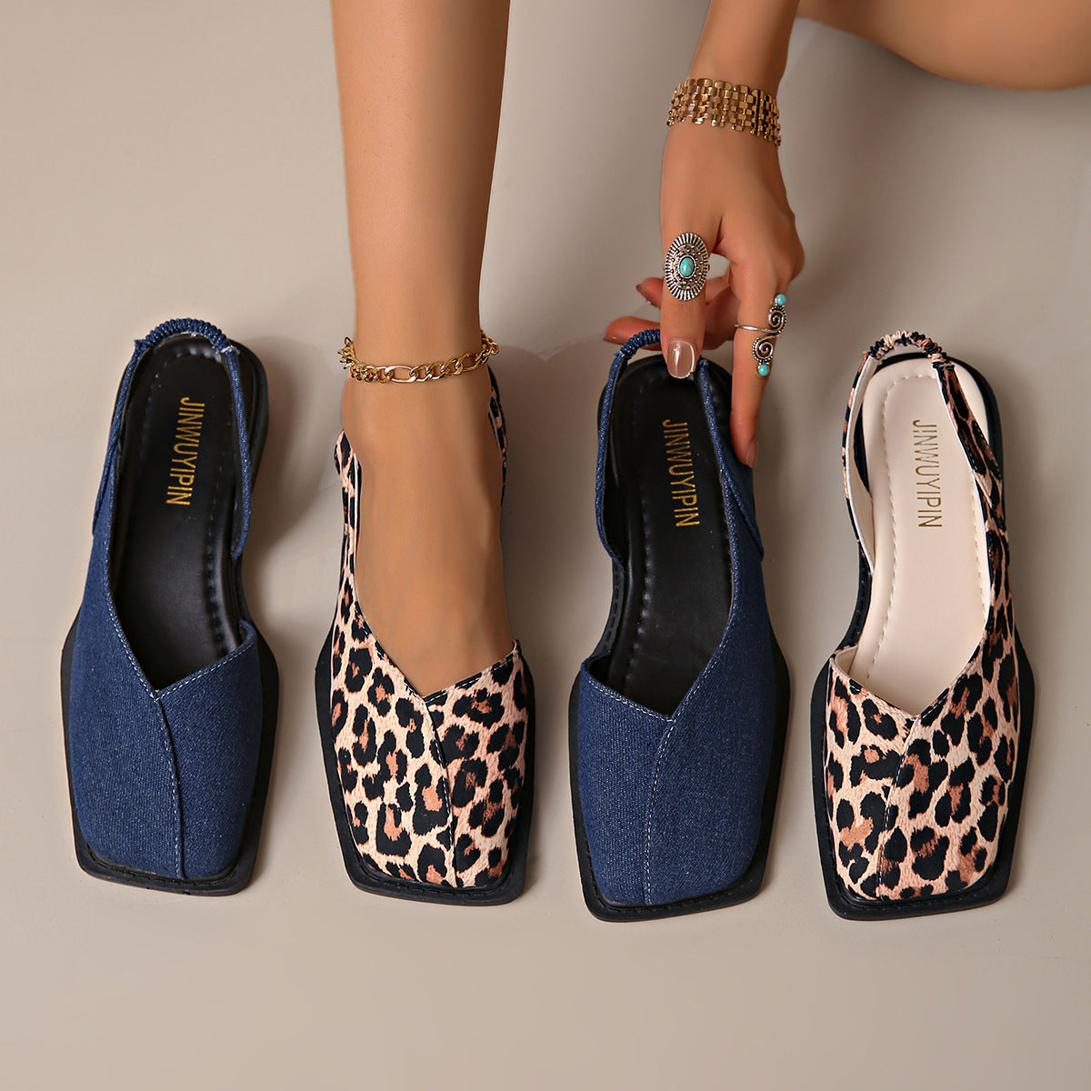 Sandales femme bout carré fermé élastiques – noir/beige/châtaigne/bleu/léopard PU