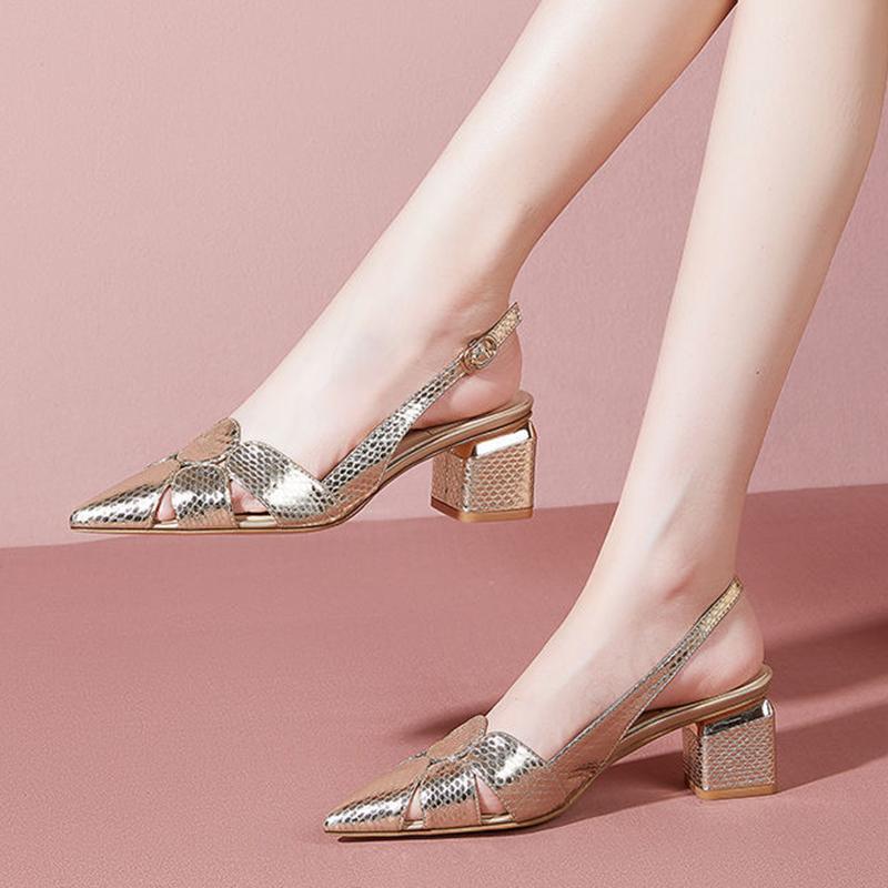 Sandales femmes talons hauts bout pointu talon ouvert – doré style coréen