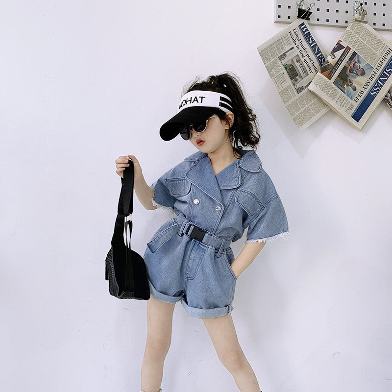 Ensemble enfant style workwear rayé coton à boutonnage biais – bleu clair