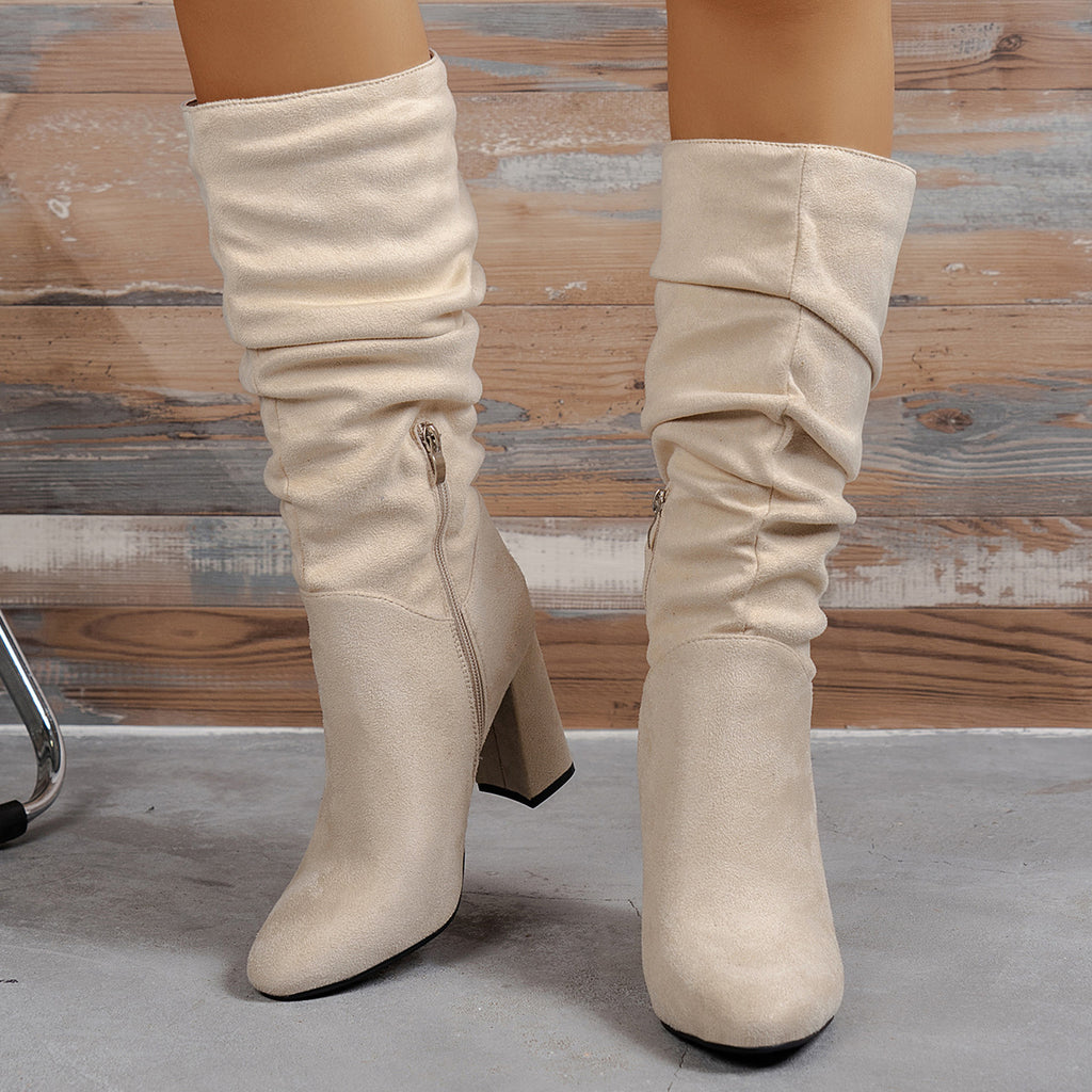 Bottes femmes daim beige talon épais ridé – tige haute euro/américain