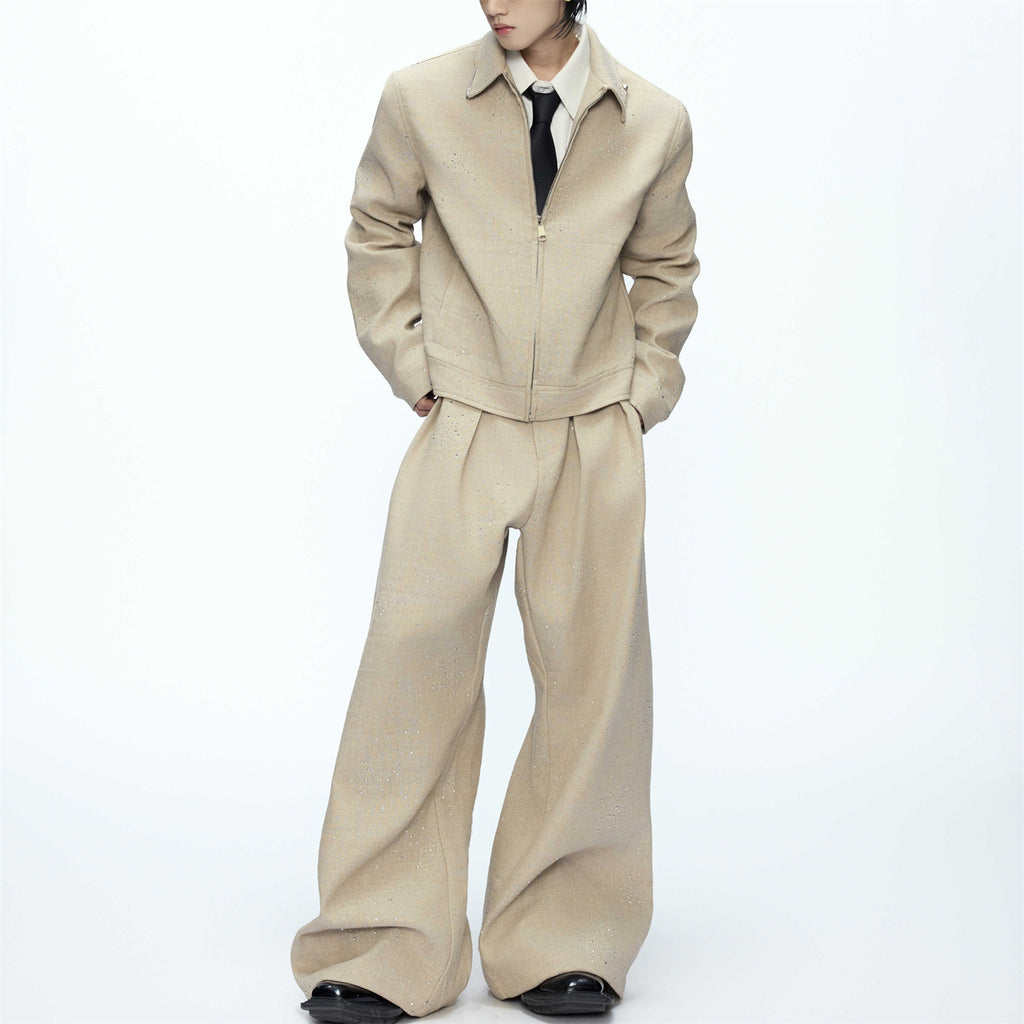 Set manteau court paillettes pantalon large chic – coton kaki/gris