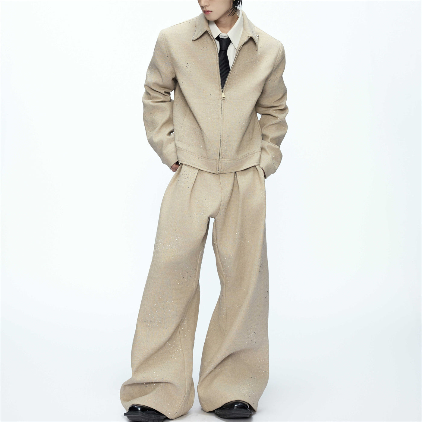 Set manteau court paillettes pantalon large chic – coton kaki/gris