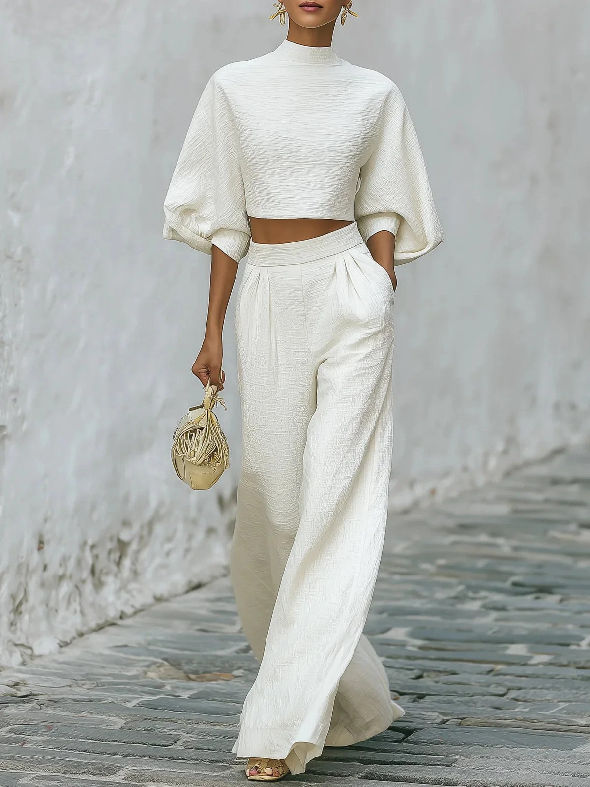 SET 2 PIÈCES FEMME CROP TOP + PANTALON TAILLE HAUTE BLANC – LOOK CASUAL ÉLÉGANT