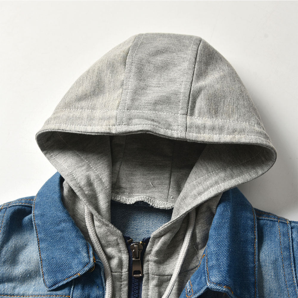 Veste denim enfant faux deux pièces capuche loose – gris/noir unisexe