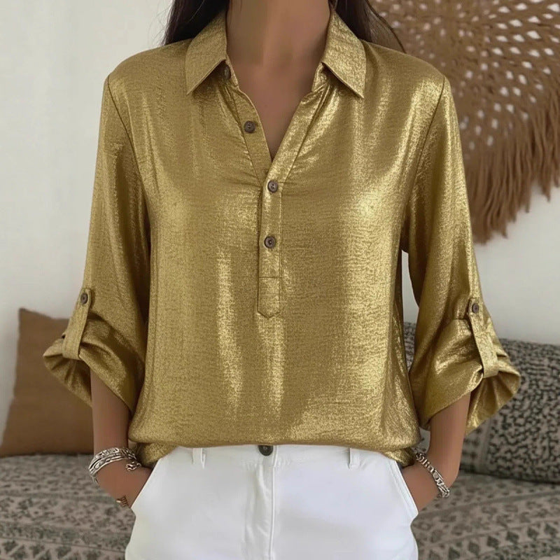 Solid Button-Down Collar Blouse Long Sleeves