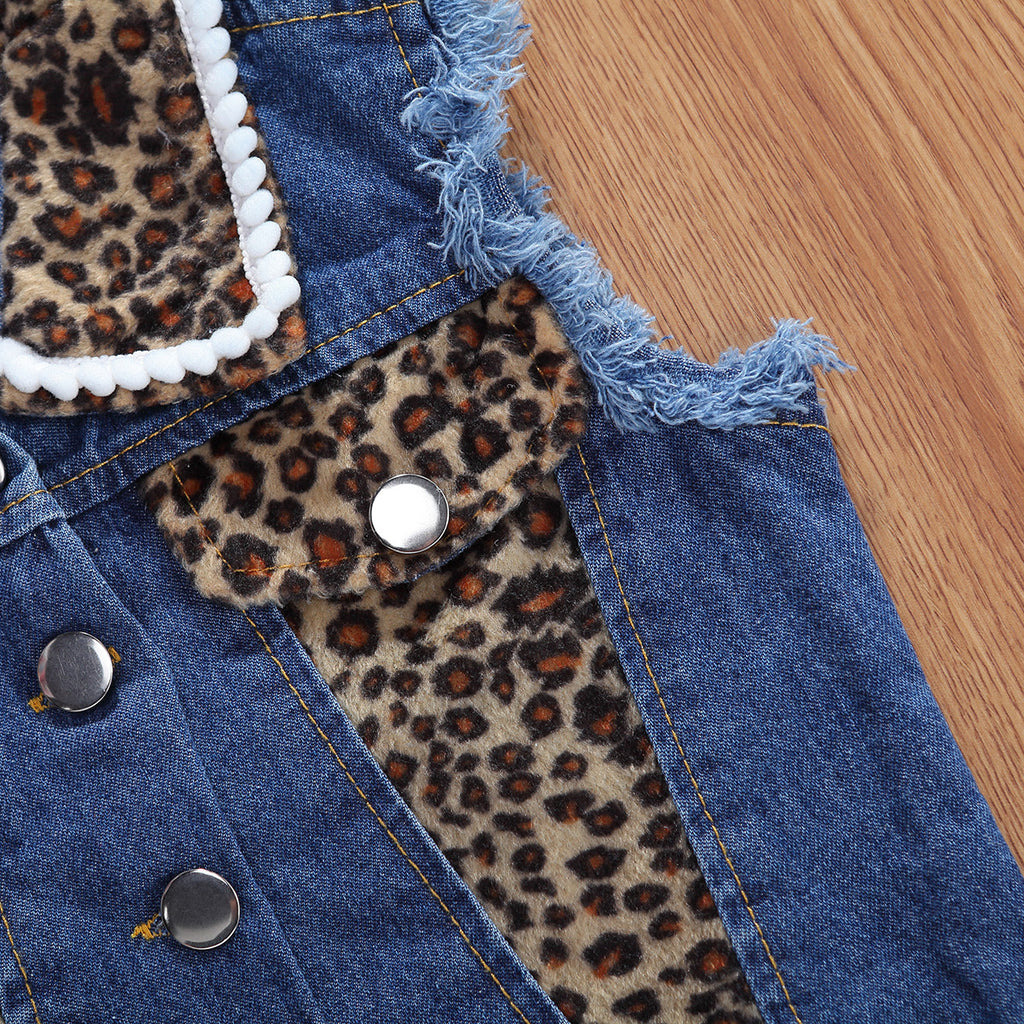 Ensemble fille 2 pièces denim léopard sans manches